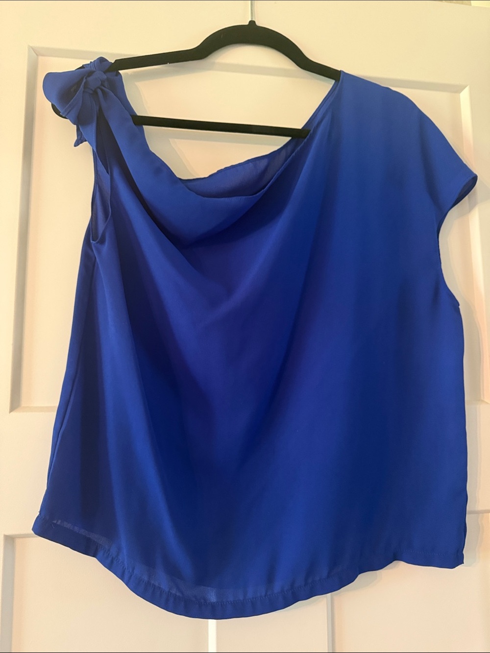 Asymmetric Knot-Shoulder Blouse in Cobalt Blue